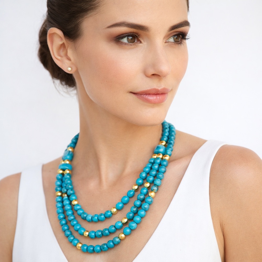 Elegant Turquoise and Gold Beaded Necklace - Picture 3 of 8